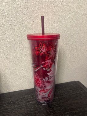 Starbucks Red Floral Tall Tumbler with Straw